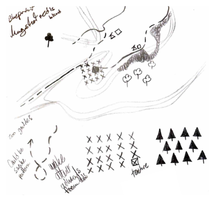 Sketches breaking down the topographic map into shapes.